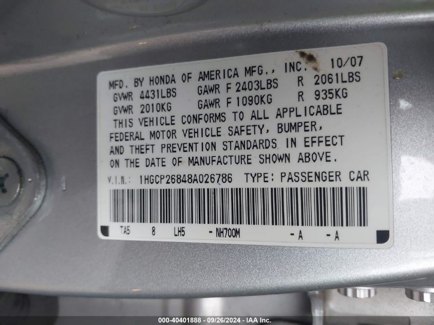 1HGCP26848A026786 2008 Honda Accord Exl