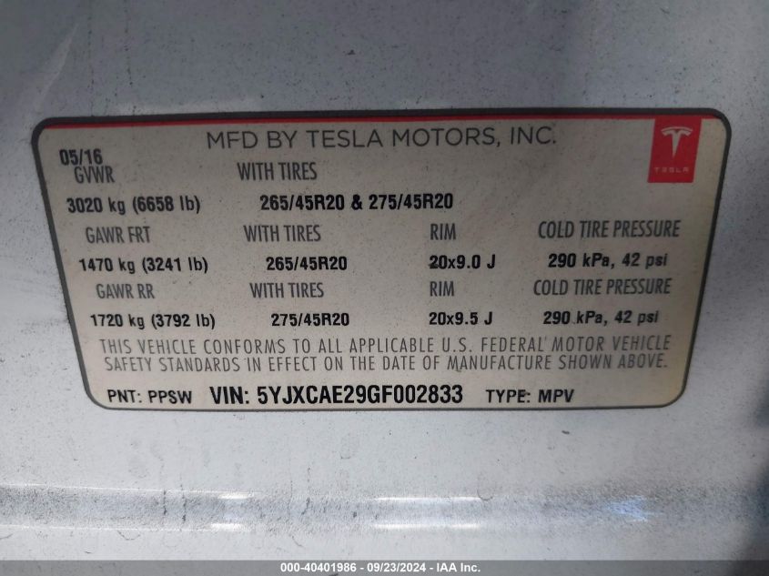 2016 Tesla Model X 60D/70D/75D/90D VIN: 5YJXCAE29GF002833 Lot: 40401986