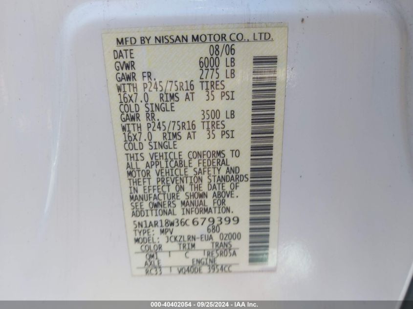 5N1AR18W36C679399 2006 Nissan Pathfinder S