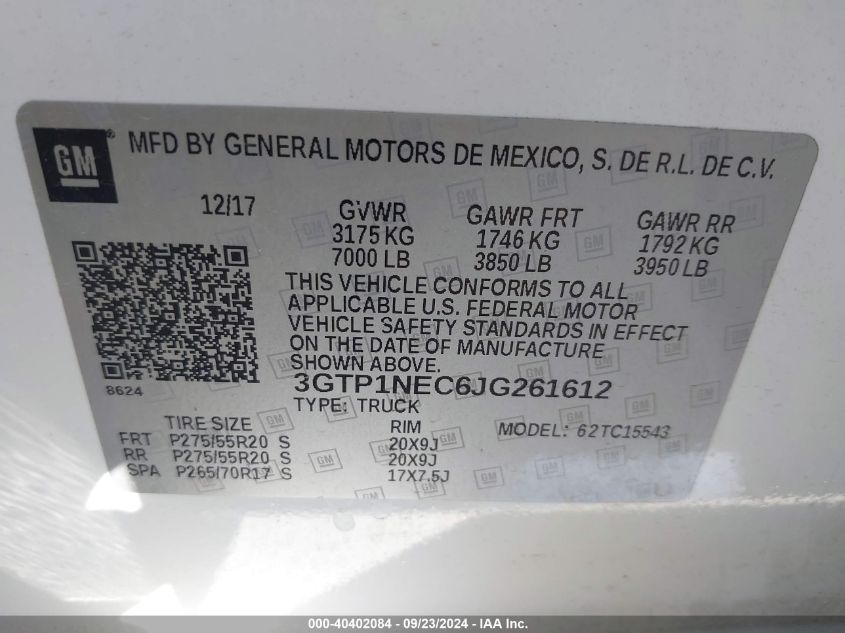 3GTP1NEC6JG261612 2018 GMC Sierra 1500 Slt