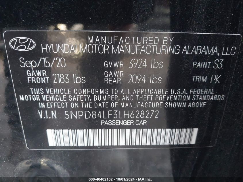 2020 Hyundai Elantra Sel VIN: 5NPD84LF3LH628272 Lot: 40402102