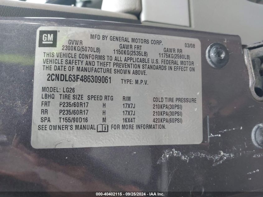 2CNDL63F486309061 2008 Chevrolet Equinox Lt