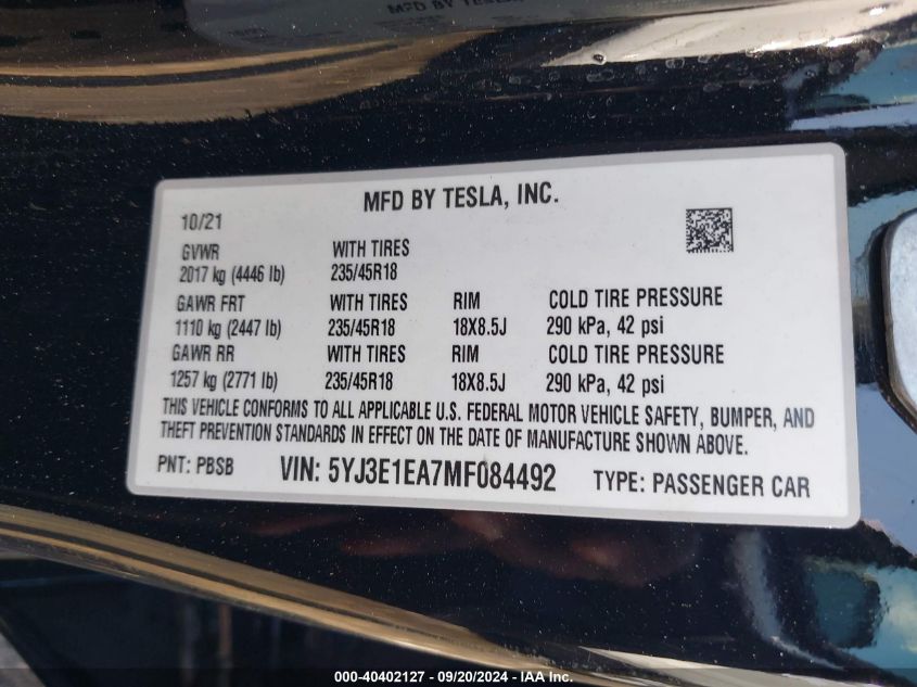 2021 Tesla Model 3 Standard Range Plus Rear-Wheel Drive VIN: 5YJ3E1EA7MF084492 Lot: 40402127