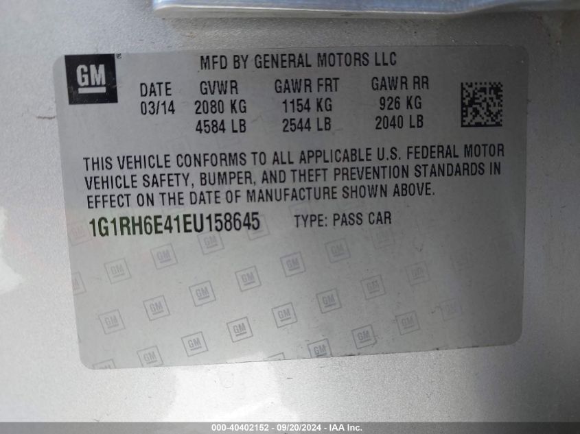 1G1RH6E41EU158645 2014 Chevrolet Volt