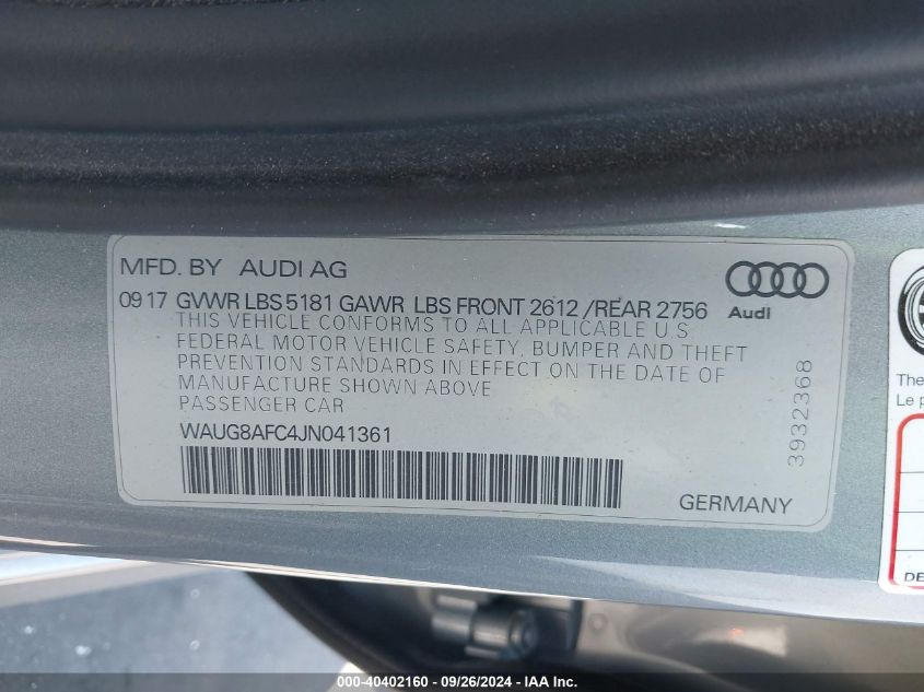 2018 Audi A6 2.0T Premium VIN: WAUG8AFC4JN041361 Lot: 40402160