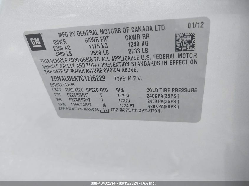 2012 Chevrolet Equinox Ls VIN: 2GNALBEK7C1226229 Lot: 40402214