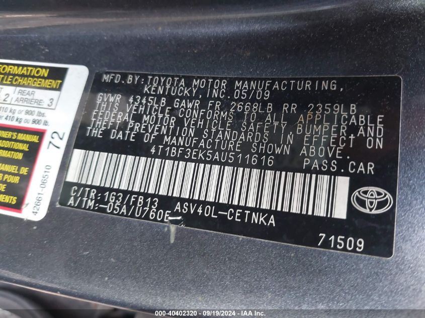 2010 Toyota Camry Le VIN: 4T1BF3EK5AU511616 Lot: 40402320