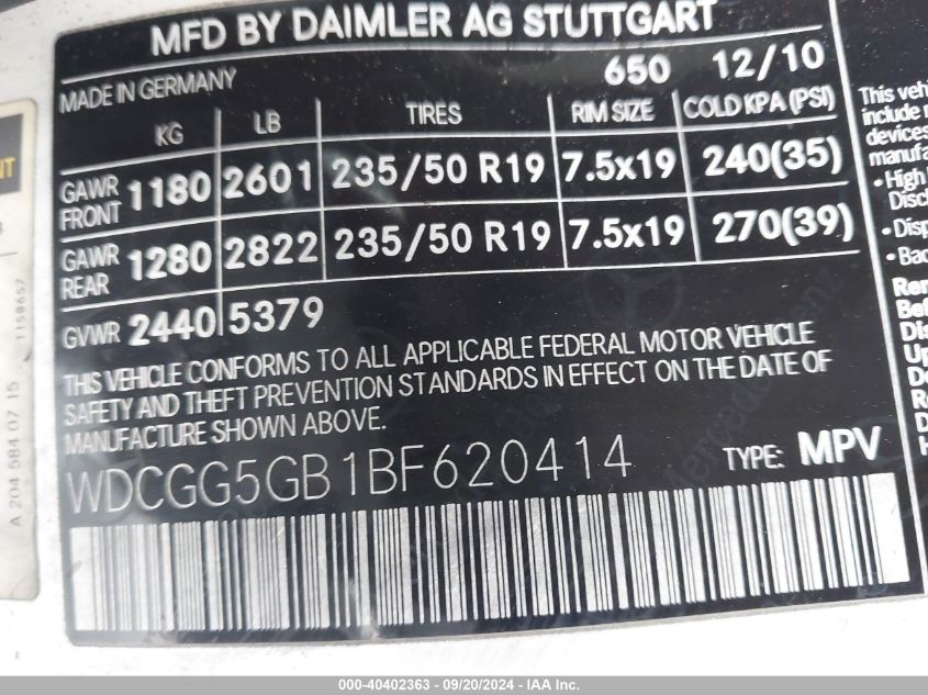 WDCGG5GB1BF620414 2011 Mercedes-Benz Glk 350