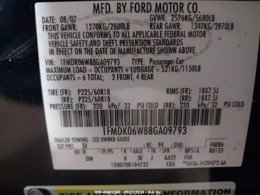 1FMDK06W88GA09793 2008 Ford Taurus X Limited