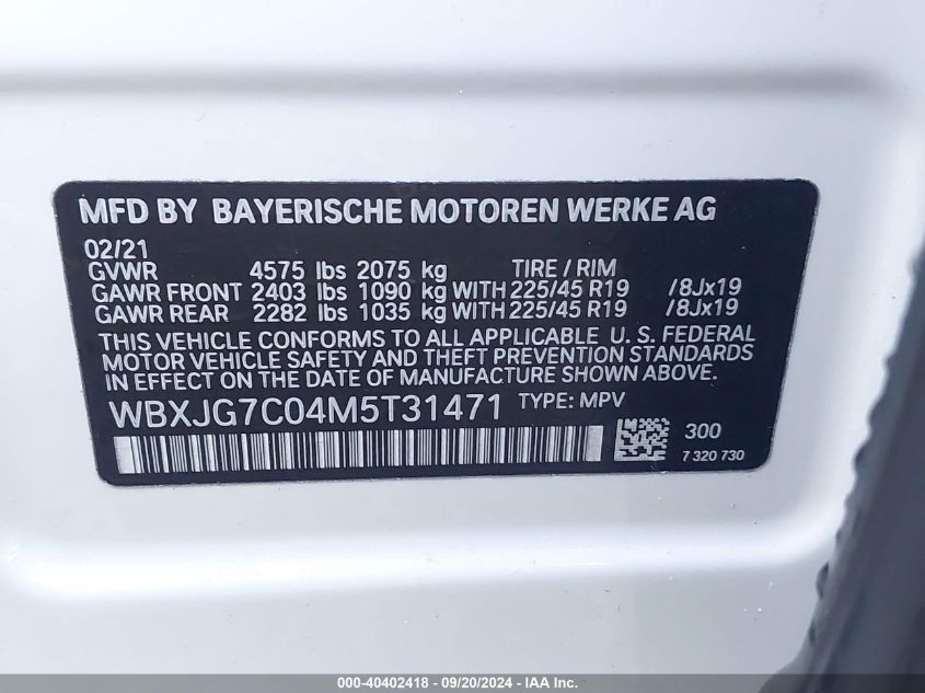 2021 BMW X1 Sdrive28I VIN: WBXJG7C04M5C31471 Lot: 40402418