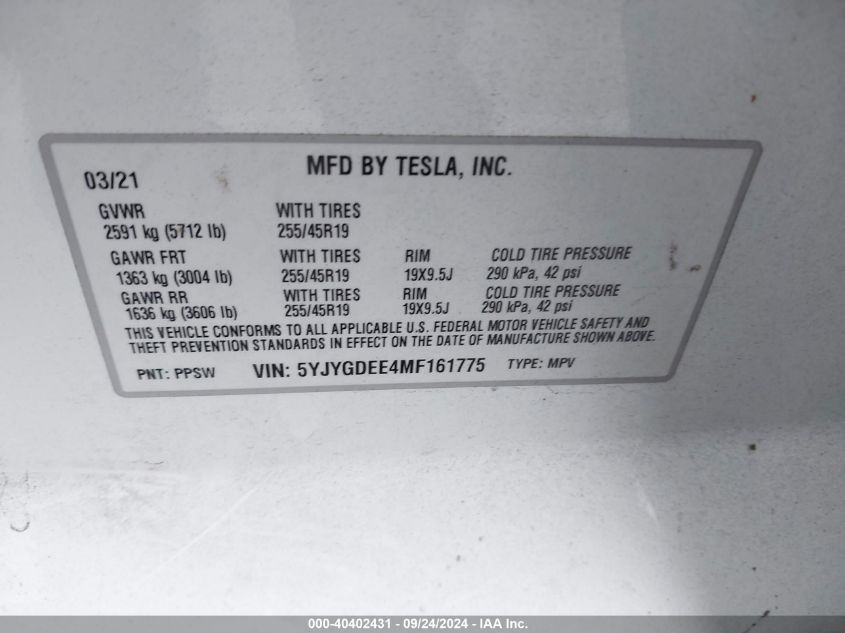 5YJYGDEE4MF161775 2021 Tesla Model Y