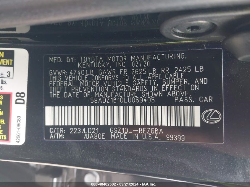 58ADZ1B10LU069405 2020 Lexus Es 350