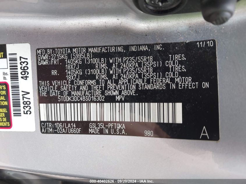 5TDDK3DC4BS016302 2011 Toyota Sienna Limited