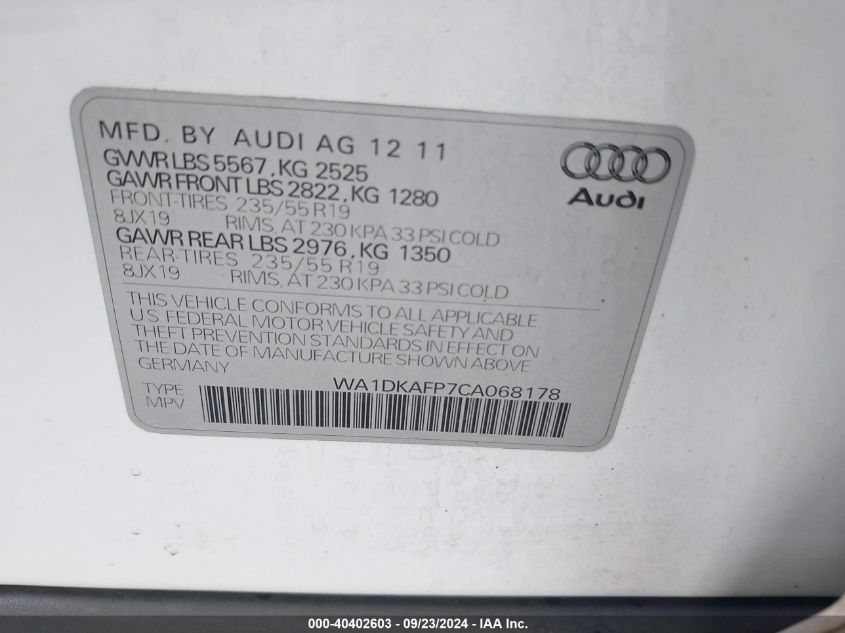 2012 Audi Q5 3.2 Premium Plus VIN: WA1DKAFP7CA068178 Lot: 40402603