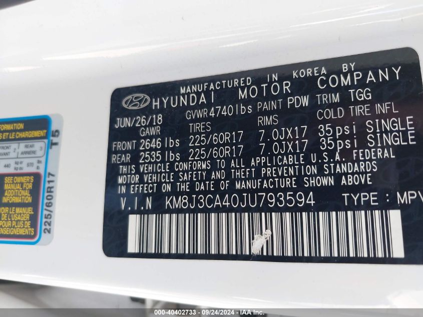 KM8J3CA40JU793594 2018 Hyundai Tucson Sel