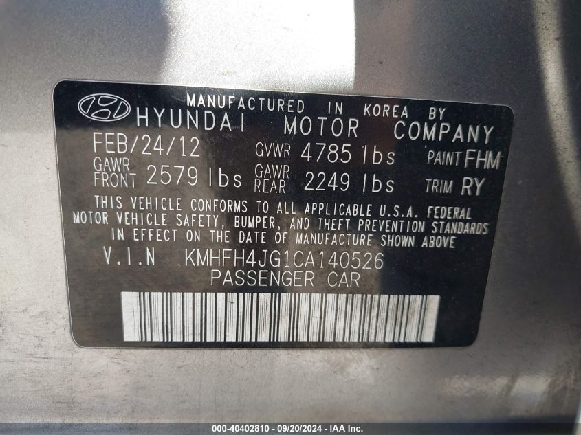 2012 Hyundai Azera VIN: KMHFH4JG1CA140526 Lot: 40402810