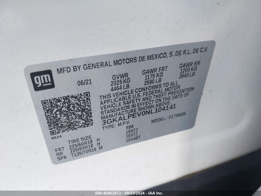 2022 GMC Terrain Fwd Slt VIN: 3GKALPEV0NL104141 Lot: 40402873