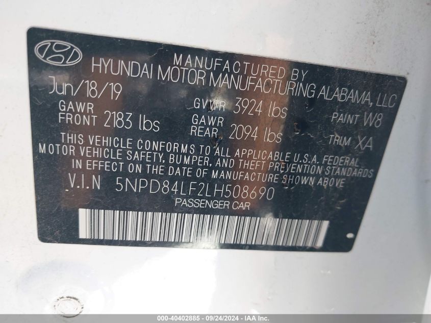 2020 Hyundai Elantra Sel/Value/Limited VIN: 5NPD84LF2LH508690 Lot: 40402885