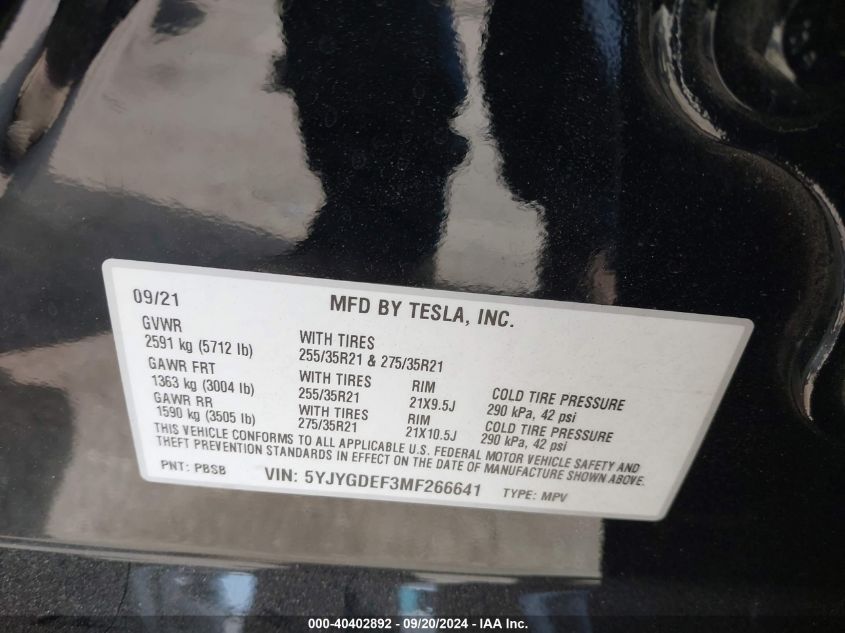 2021 Tesla Model Y Performance Dual Motor All-Wheel Drive VIN: 5YJYGDEF3MF266641 Lot: 40402892