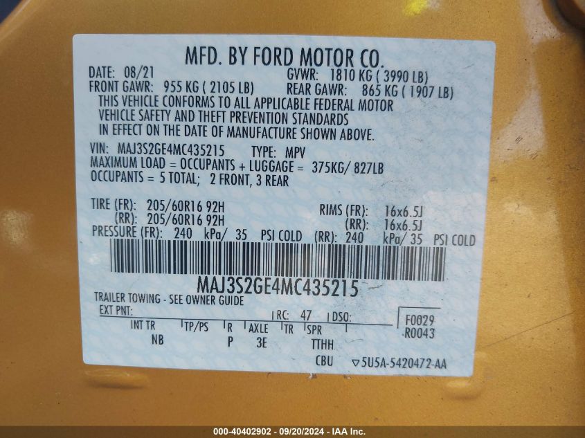 2021 Ford Ecosport Se VIN: MAJ3S2GE4MC435215 Lot: 40402902