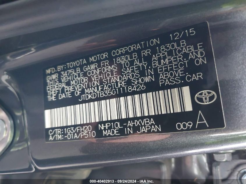 JTDKDTB35G1118426 2016 Toyota Prius C