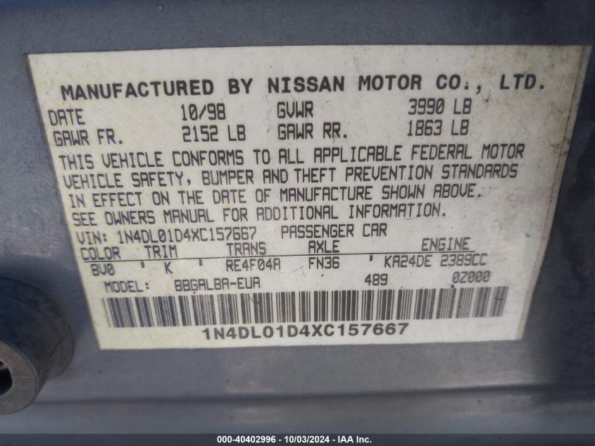 1N4DL01D4XC157667 1999 Nissan Altima Gle/Gxe/Se/Se-L/Xe