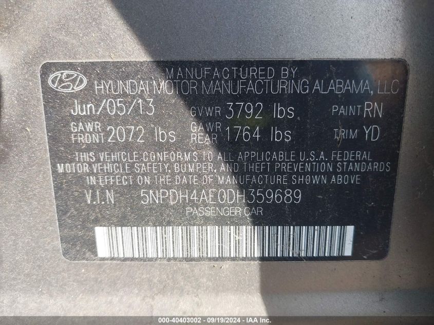 5NPDH4AE0DH359689 2013 Hyundai Elantra Gls