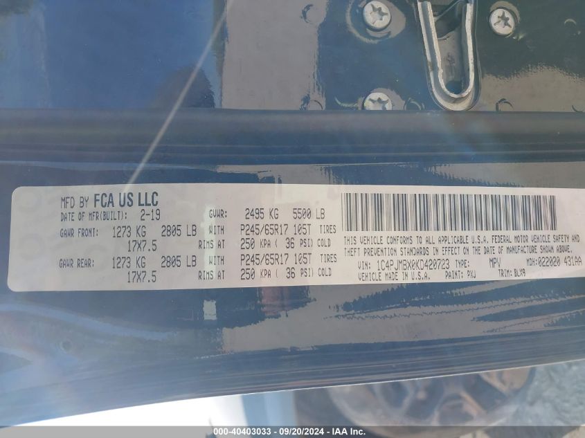 VIN 1C4PJMBX0KD420723 2019 JEEP CHEROKEE TRAILHAWK ELITE 4X4