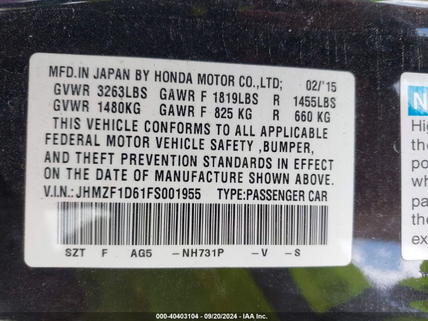 JHMZF1D61FS001955 2015 Honda Cr-Z Ex