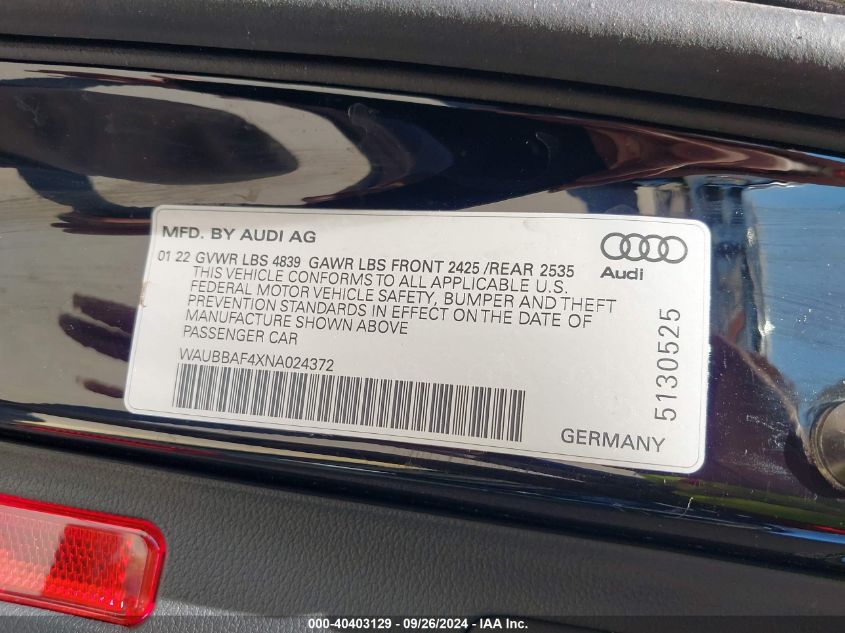 WAUBBAF4XNA024372 2022 Audi A4 Premium Plus 40 Tfsi Quattro S Tronic