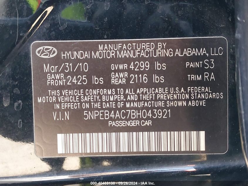 5NPEB4AC7BH043921 2011 Hyundai Sonata Gls