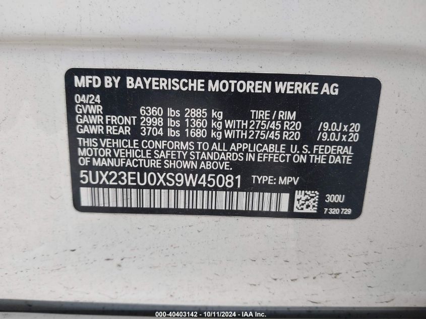 2025 BMW X5 xDrive40I VIN: 5UX23EU0XS9W45081 Lot: 40403142