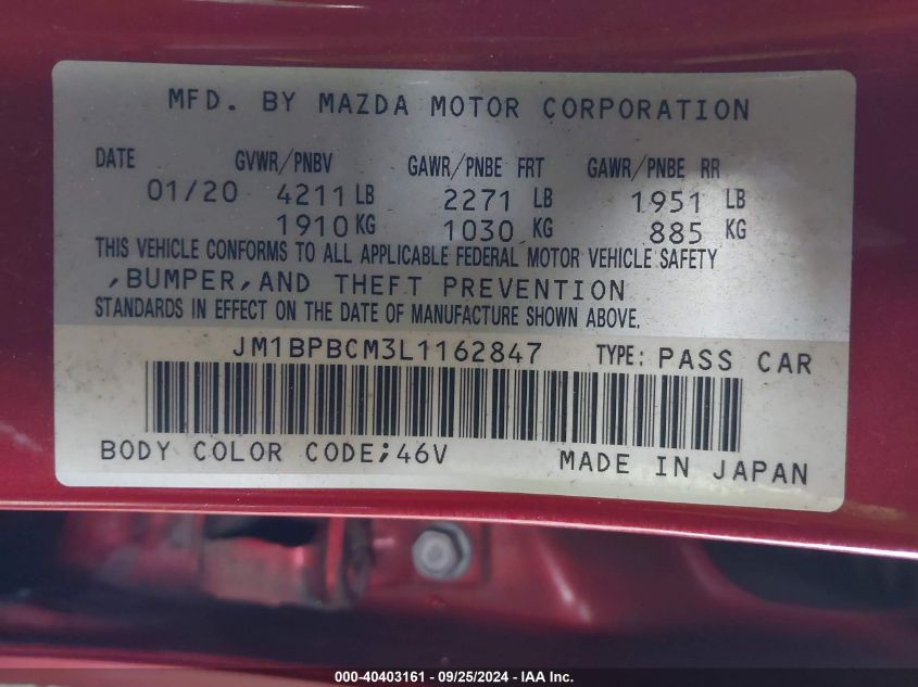 JM1BPBCM3L1162847 2020 Mazda Mazda3 Select Package