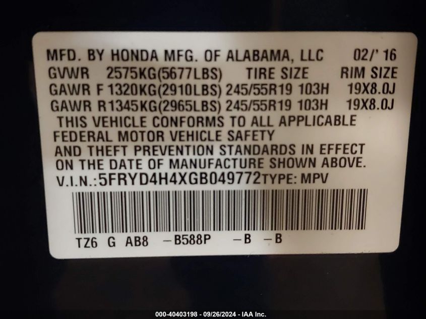 2016 Acura Mdx Technology Acurawatch Plus Packages/Technology Package VIN: 5FRYD4H4XGB049772 Lot: 40403198