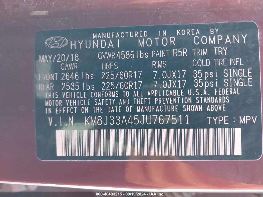 KM8J33A45JU767511 2018 Hyundai Tucson Sel