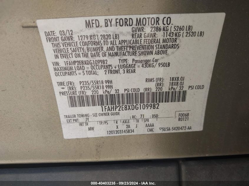 2013 Ford Taurus Sel VIN: 1FAHP2E8XDG109982 Lot: 40403235