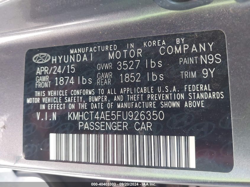 KMHCT4AE5FU926350 2015 Hyundai Accent Gls