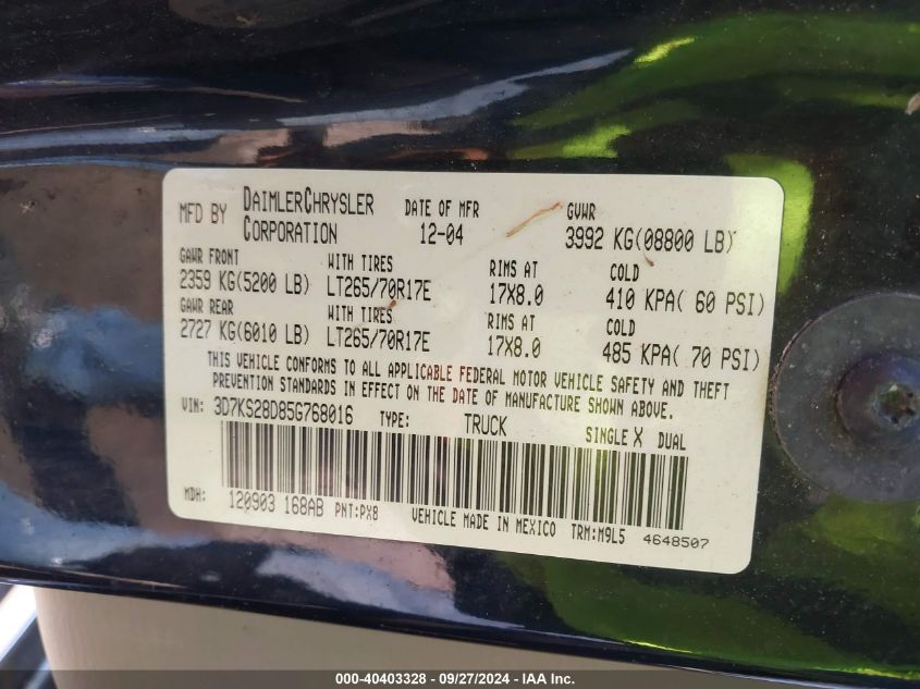 2005 Dodge Ram 2500 Slt/Laramie VIN: 3D7KS28D85G768016 Lot: 40403328