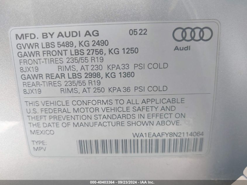 2022 Audi Q5 Premium Plus 45 VIN: WA1EAAFY8N2114064 Lot: 40403364