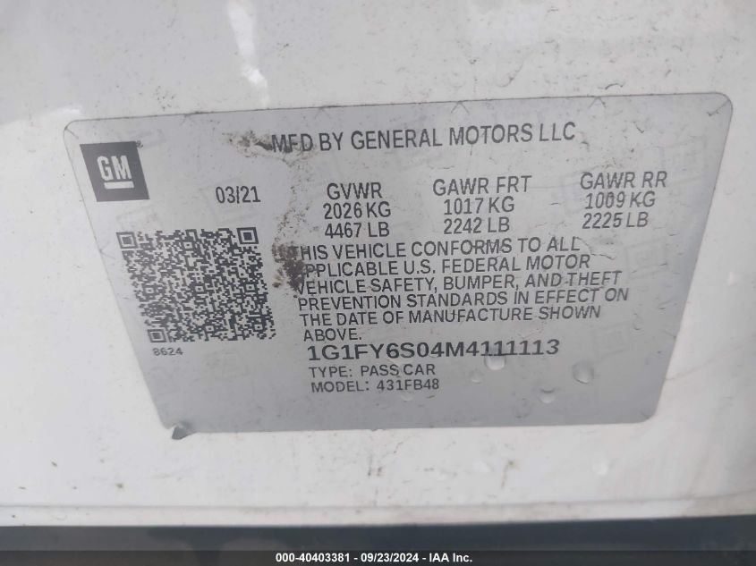 1G1FY6S04M4111113 2021 Chevrolet Bolt Ev Fwd Lt