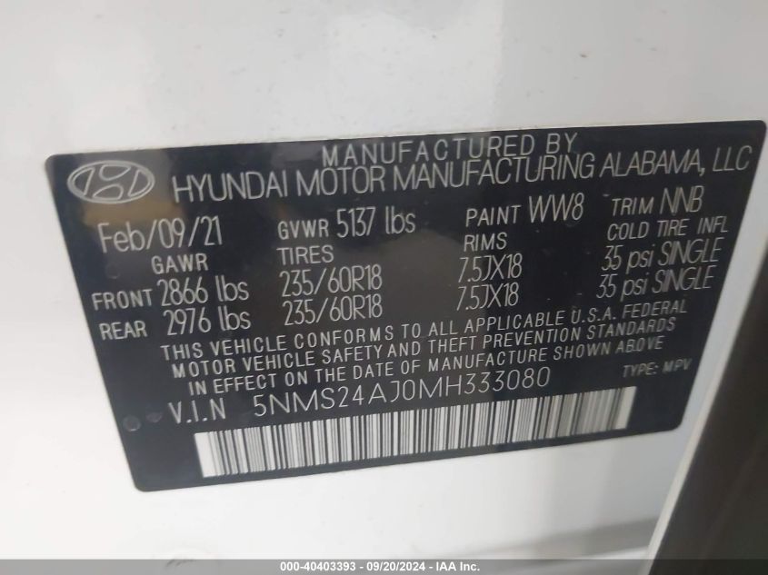 2021 Hyundai Santa Fe Sel VIN: 5NMS24AJ0MH333080 Lot: 40403393