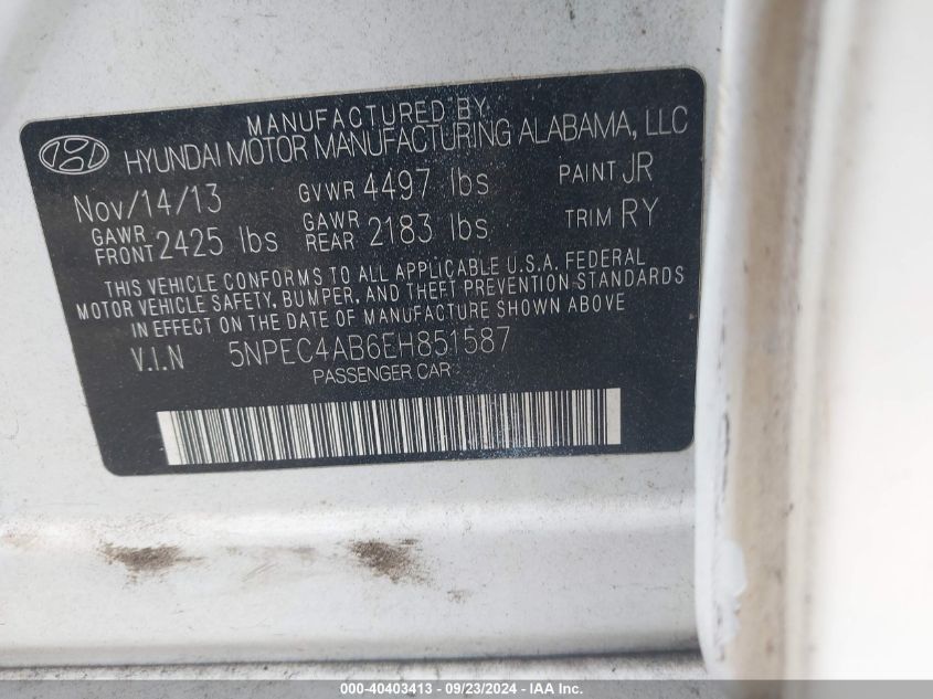 5NPEC4AB6EH851587 2014 Hyundai Sonata Se 2.0T