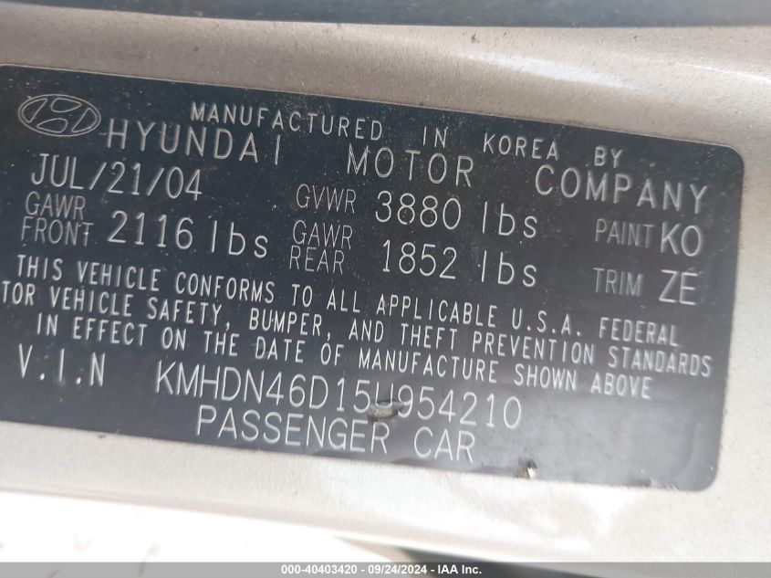 KMHDN46D15U954210 2005 Hyundai Elantra Gls/Gt