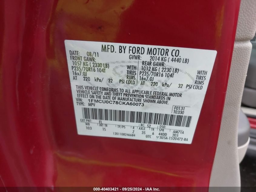 1FMCU0C78CKA60073 2012 Ford Escape Xls