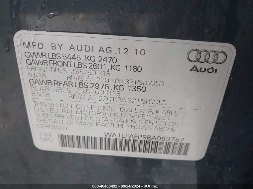 2011 Audi Q5 2.0T Premium VIN: WA1LFAFP9BA063787 Lot: 40403492