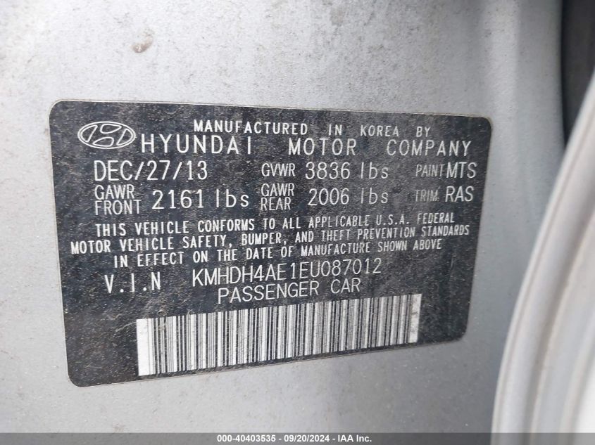 2014 Hyundai Elantra Se VIN: KMHDH4AE1EU087012 Lot: 40403535