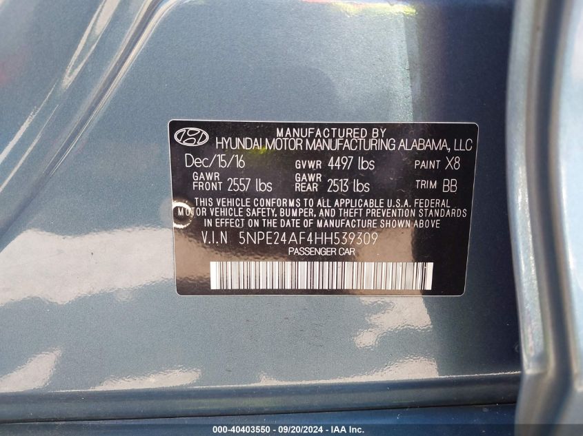 5NPE24AF4HH539309 2017 Hyundai Sonata Se