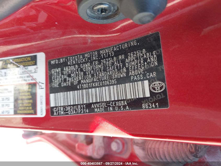 4T1BD1FK8EU106395 2014 Toyota Camry Hybrid Xle