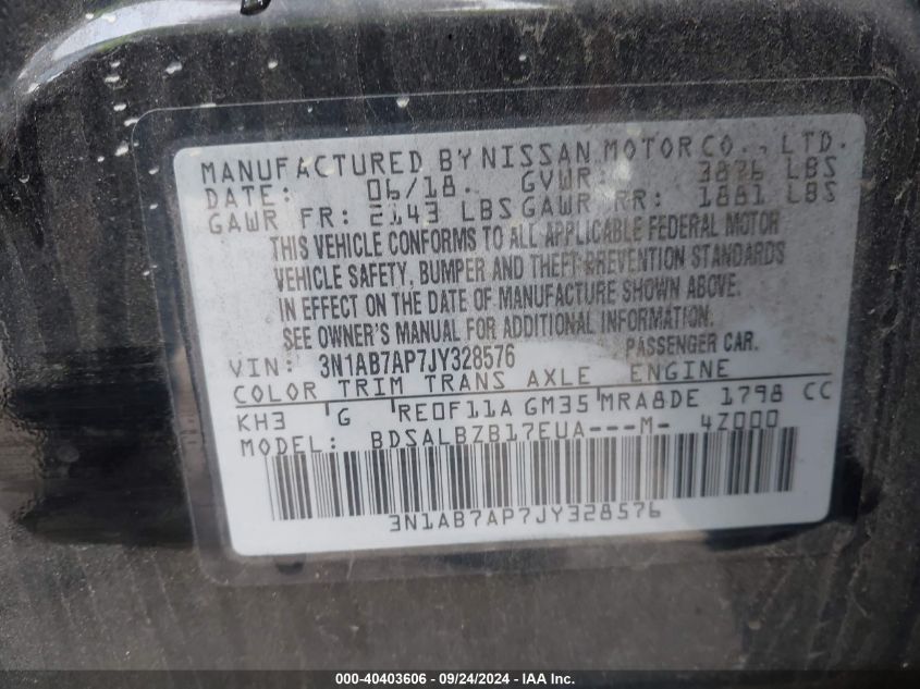 3N1AB7AP7JY328576 2018 Nissan Sentra S/Sv/Sr/Sl