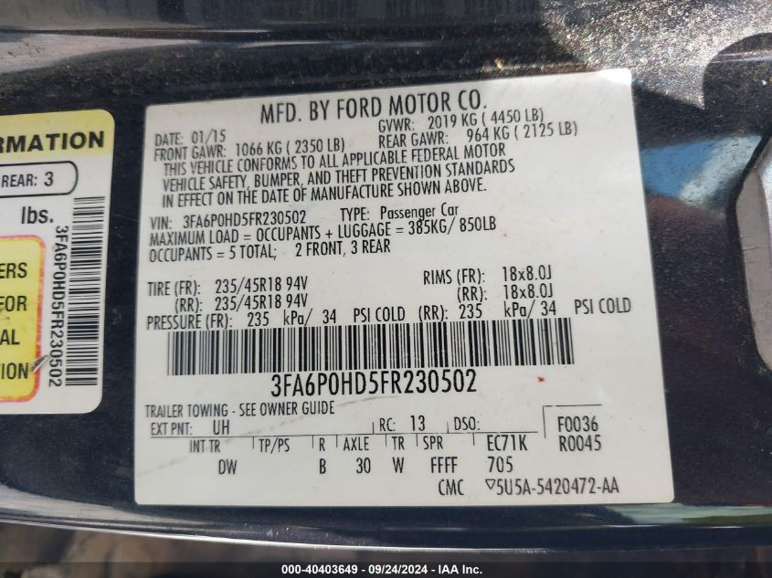 VIN 3FA6P0HD5FR230502 2015 FORD FUSION no.9